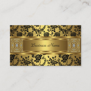 Tarjeta De Visita Damasco Dorado Joya Floral Negra Elegante Clásica