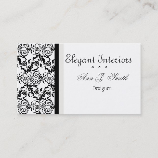 Tarjeta De Visita Damasco elegante con clase blanco negro floral (Anverso)