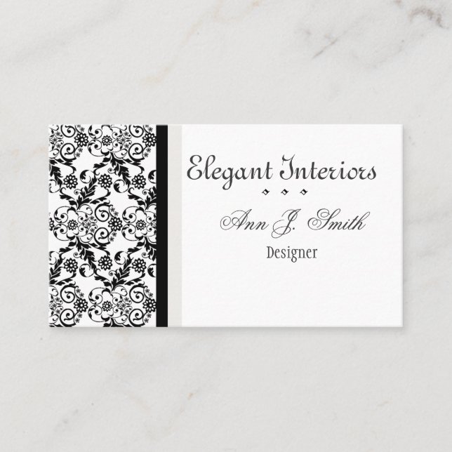 Tarjeta De Visita Damasco elegante con clase blanco negro floral (Anverso)