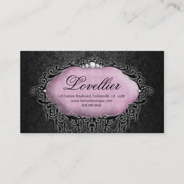 Tarjeta De Visita Damasco elegante del gris del rosa de la joyería (Anverso)