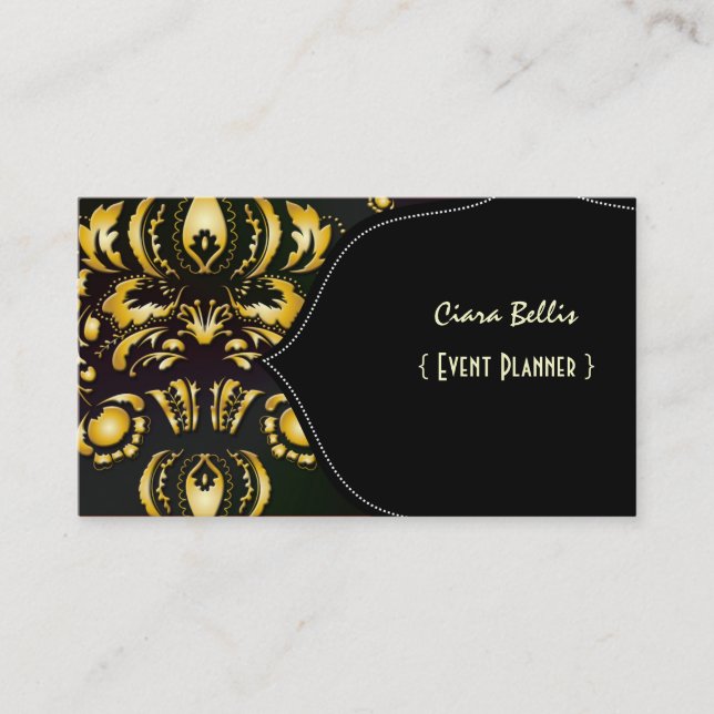 Tarjeta De Visita Damasco elegante, negro + oro (Anverso)