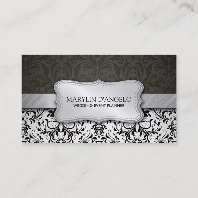 Tarjeta De Visita Damasco elegante y plata metalizada negros y (Anverso)