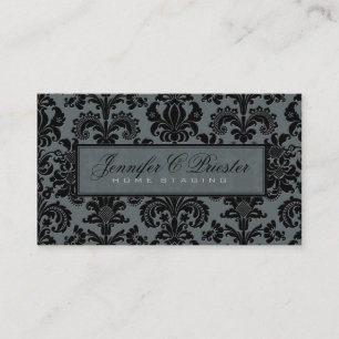 Tarjeta De Visita Damasco floral azul-gris y negro elegante