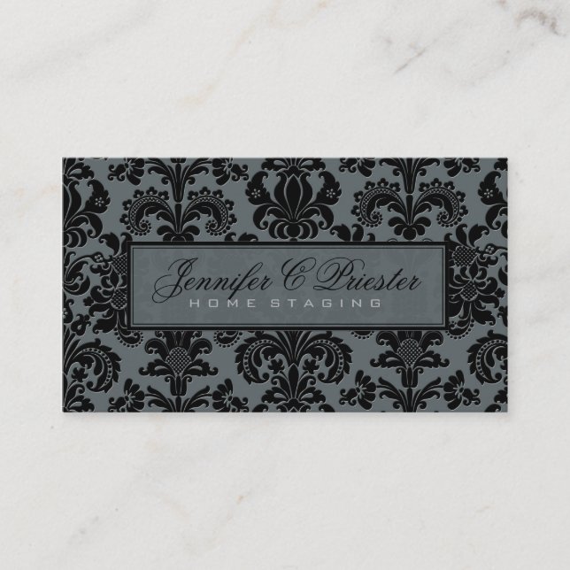 Tarjeta De Visita Damasco floral azul-gris y negro elegante (Anverso)