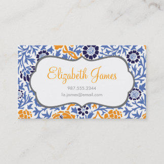 Tarjeta De Visita Damasco floral azul marino y Naranja retro