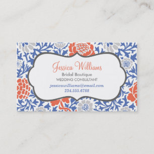 Tarjeta De Visita Damasco floral azul y catorce