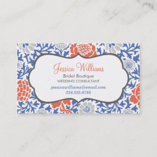 Tarjeta De Visita Damasco floral azul y catorce