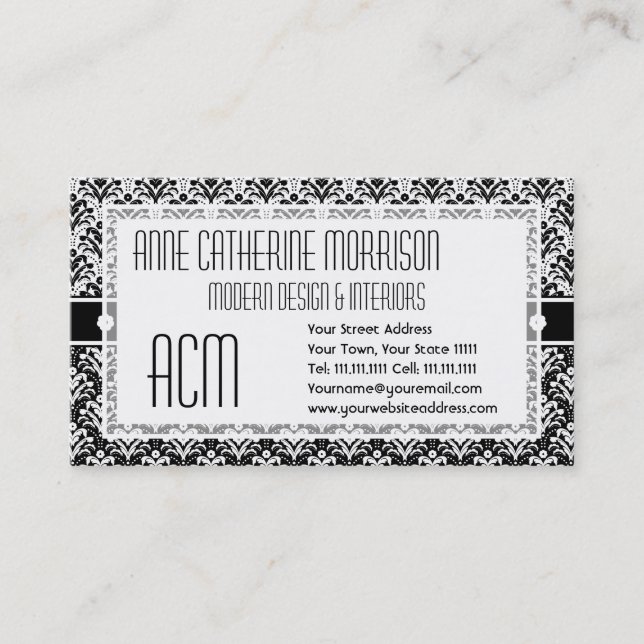 Tarjeta De Visita Damasco floral del art déco blanco y negro (Anverso)