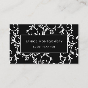 Tarjeta De Visita Damasco floral elegante blanco y negro