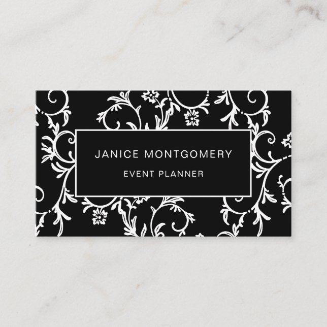 Tarjeta De Visita Damasco floral elegante blanco y negro (Anverso)