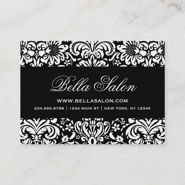 Tarjeta De Visita Damasco floral elegante en blanco y negro (Anverso)