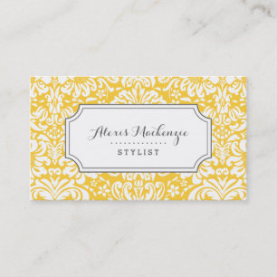 Tarjeta De Visita Damasco floral gris y amarillo