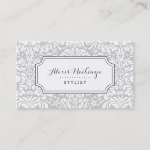 Tarjeta De Visita Damasco floral gris y blanco