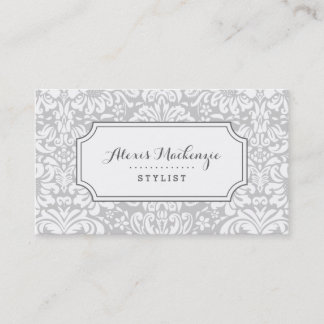 Tarjeta De Visita Damasco floral gris y blanco