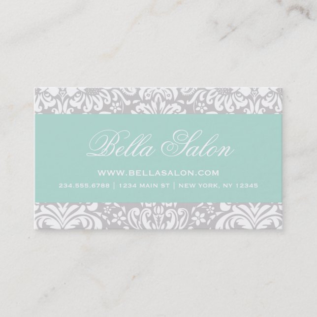 Tarjeta De Visita Damasco floral gris y elegante de menta (Anverso)