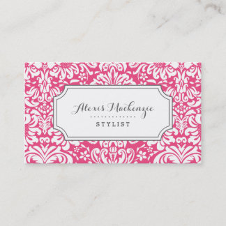 Tarjeta De Visita Damasco floral gris y rosa