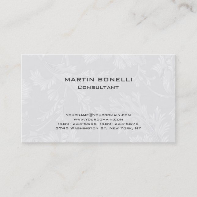 Tarjeta De Visita Damasco floral moderno gris blanco (Anverso)