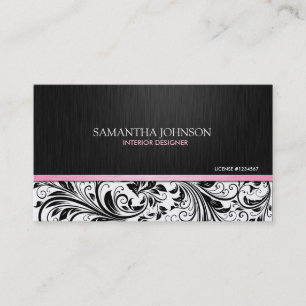 Tarjeta De Visita Damasco floral negro y blanco elegante con rosa
