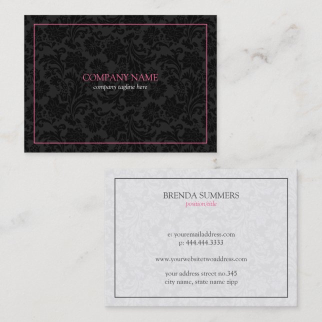 Tarjeta De Visita Damasco floral negro y blanco reversible (Anverso / Reverso)