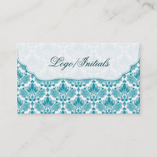 Tarjeta De Visita Damasco floral retro elegante blanco y azul (Anverso)