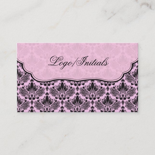 Tarjeta De Visita Damasco floral retro elegante negro y rosa (Anverso)