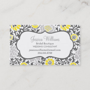 Tarjeta De Visita Damasco floral retro gris y amarillo
