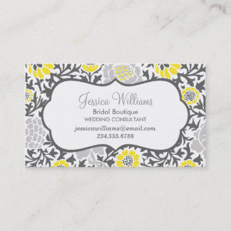 Tarjeta De Visita Damasco floral retro gris y amarillo