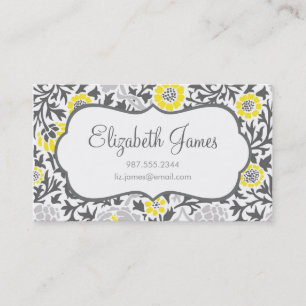 Tarjeta De Visita Damasco floral retro gris y amarillo