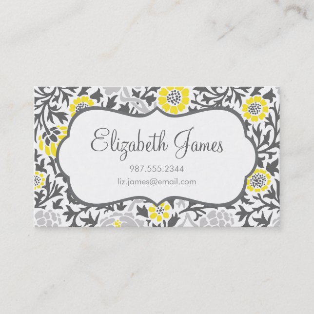 Tarjeta De Visita Damasco floral retro gris y amarillo (Anverso)