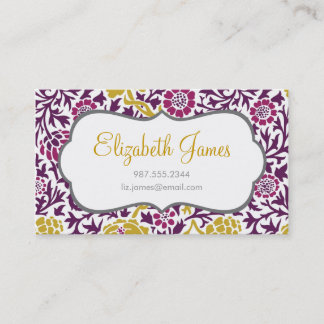 Tarjeta De Visita Damasco floral retro morado y dorado