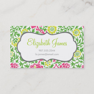Tarjeta De Visita Damasco floral retro verde y rosa