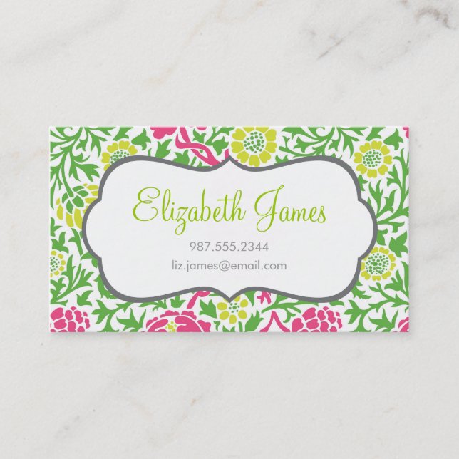 Tarjeta De Visita Damasco floral retro verde y rosa (Anverso)