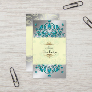 Tarjeta De Visita Damasco floral Verde azulado/falso plateado