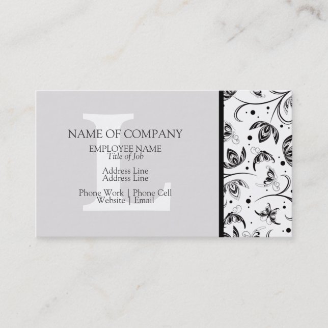 Tarjeta De Visita Damasco monogramado del Diseñador gris gris blanco (Anverso)