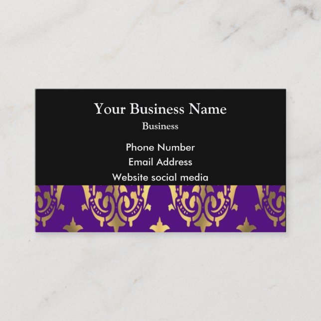 Tarjeta De Visita Damasco morado y dorado en negro (Anverso)