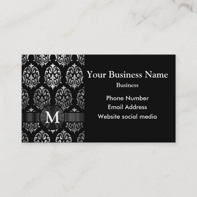 Tarjeta De Visita Damasco negro y de plata con monograma (Anverso)