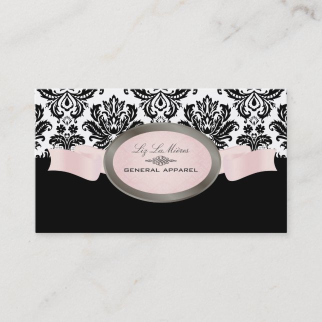 Tarjeta De Visita Damasco PixDezines Negro, Rosa, Blanco Piqué (Anverso)