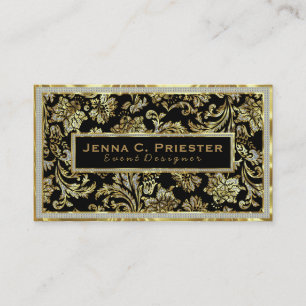Tarjeta De Visita Damascos florales de Purpurina Black Gold y White 