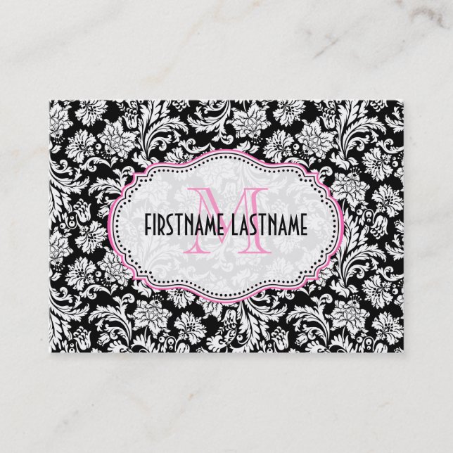 Tarjeta De Visita Damascos florales elegantes en blanco y negro (Anverso)