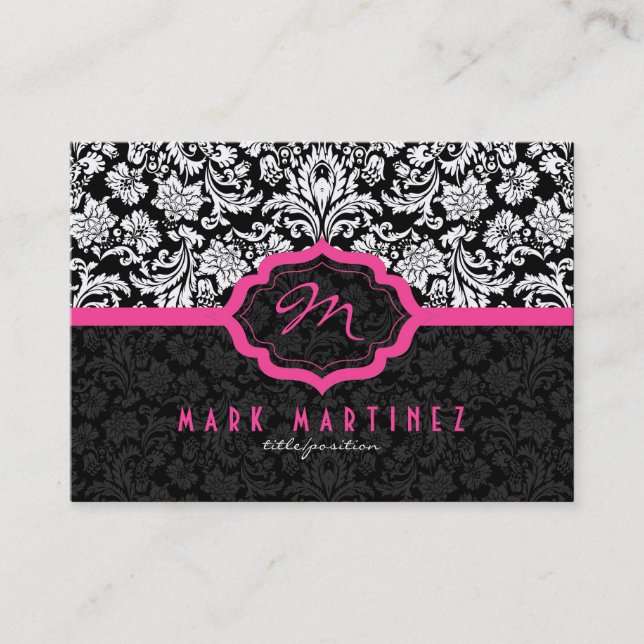 Tarjeta De Visita Damascos florales en blanco y negro Acentos rosado (Anverso)