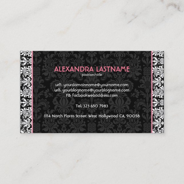 Tarjeta De Visita Damascos florales en blanco y negro personalizados (Anverso)
