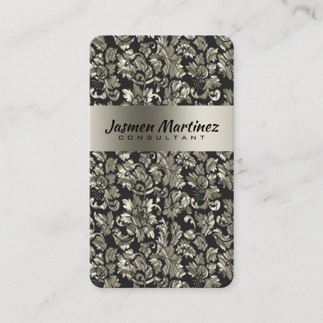 Tarjeta De Visita Damascos Florales Metálicos De Tono Negro Y Plata  (Anverso)