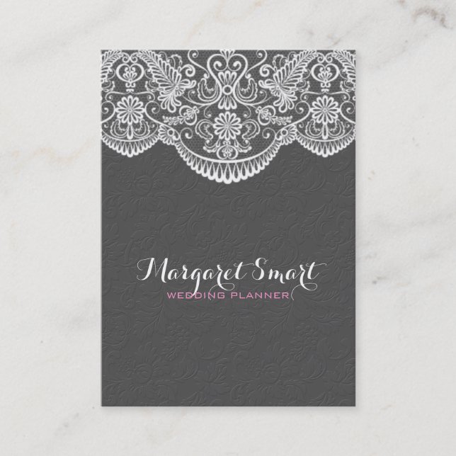 Tarjeta De Visita Damascos Gris Grabado en relieve Y Lazo Blanco Vin (Anverso)