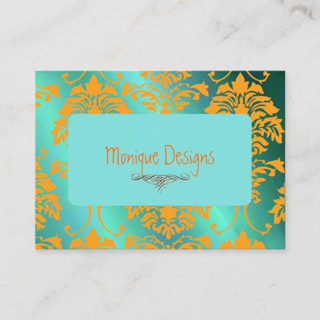 Tarjeta de visita Damask aqua y naranja (Anverso)