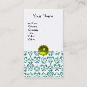 Tarjeta De Visita DAMASK AZUL  MONOGRAM gema amarillo blanco
