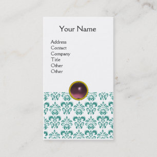 Tarjeta De Visita DAMASK AZUL MONOGRAM gema púrpura luz blanca