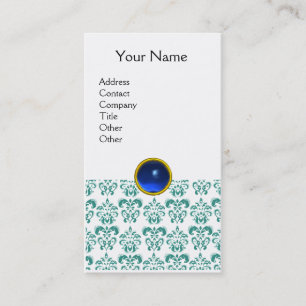 Tarjeta De Visita DAMASK BLUE MONOGRAM gema azul blanco