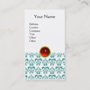 Tarjeta De Visita DAMASK BLUE MONOGRAM gema rojo rubí blanco