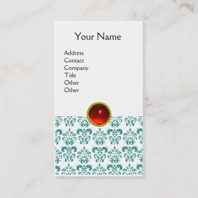 Tarjeta De Visita DAMASK BLUE MONOGRAM gema rojo rubí blanco (Anverso)