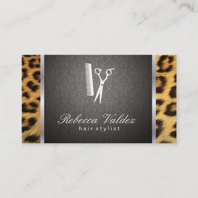 Tarjeta De Visita Damask / Cheetah Print / Silver Trim (Anverso)